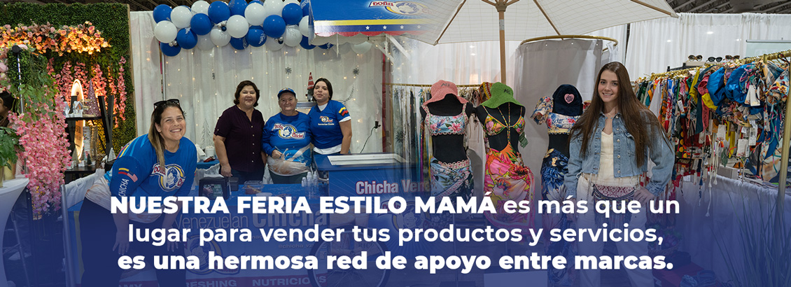 Cinco mujeres emprendedoras felices en sus stands en la Feria Estilo Mam