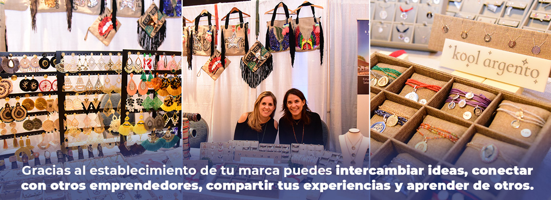 Emprendedoras sonrientes en su stand de bisuteria y carteras en Feria Estilo Mam